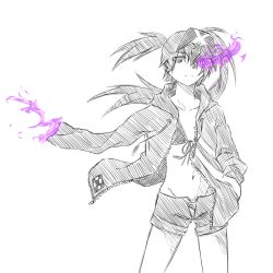 Rule 34 | 10s, 1girl, amputee, asymmetrical hair, bikini, bikini top only, black hair, black rock shooter, drawfag, false arm, false limb, fire, flat chest, frown, hair ornament, hand in pocket, hood, hooded jacket, insane black rock shooter, jacket, long hair, midriff, monochrome, navel, open clothes, open fly, open jacket, purple fire, shorts, solo, spot color, swimsuit, twintails, uneven twintails, unzipped