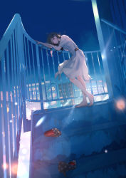 Rule 34 | 1girl, absurdres, barefoot, black hair, building, city, dress, hair ornament, hairclip, high heels, highres, lens flare, long hair, macaronk, night, original, outdoors, railing, shoes, unworn shoes, solo, stairs, tears, white dress