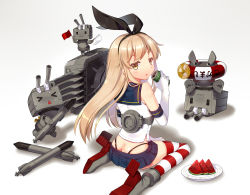 Rule 34 | 10s, 1girl, :o, ass, bad id, bad pixiv id, black panties, blonde hair, blush, butt crack, can, cnm, elbow gloves, food, from behind, fruit, gloves, hairband, highleg, highleg panties, kantai collection, lifebuoy, long hair, looking at viewer, looking back, miniskirt, panties, rensouhou-chan, school uniform, serafuku, shimakaze (kancolle), simple background, sitting, skirt, solo, striped clothes, striped thighhighs, swim ring, thighhighs, underwear, wariza, watermelon, white background, white gloves
