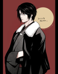 Rule 34 | 1boy, alternate costume, black hair, black kimono, black robe, blue eyes, capelet, crossed arms, dated, earrings, expressionless, final fantasy, final fantasy viii, fur-trimmed capelet, fur trim, hiryuu (kana h), japanese clothes, jewelry, kimono, layered clothes, looking to the side, male focus, new year, red background, red sash, robe, sash, scar, scar on face, short hair, simple background, single earring, solo, squall leonhart, stud earrings, upper body