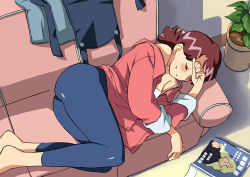 Rule 34 | 1girl, apron, ass, bare shoulders, barefoot, blue leggings, blush, bra, cirima, clenched hands, unworn clothes, couch, dutch angle, closed eyes, flipped hair, from above, hand on forehead, harukaze haruka, housewife, indoors, leggings, lingerie, long sleeves, lying, magazine (object), mature female, off shoulder, ojamajo doremi, on side, open clothes, open shirt, parted lips, plant, potted plant, red hair, shadow, shirt, short hair, sleeping, sleeves rolled up, solo, strap slip, sweat, unbuttoned, underwear, volvox, white bra