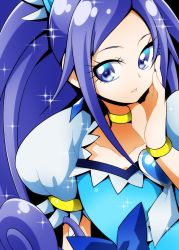 Rule 34 | 1girl, bad id, bad pixiv id, black background, blue bow, blue eyes, blue hair, bow, bracelet, brooch, choker, cure diamond, dokidoki! precure, expressionless, hand on own face, heart, heart brooch, hishikawa rikka, jewelry, long hair, looking at viewer, magical girl, matching hair/eyes, ponytail, precure, puffy sleeves, senmu (0107), solo, sparkle, upper body