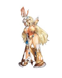 Rule 34 | 1girl, blonde hair, blue eyes, boots, breasts, broken, broken lance, broken weapon, cape, closed mouth, feet, female focus, full body, fur trim, game cg, hair over shoulder, hairband, hands on own chest, hands up, head tilt, highres, holding, holding lance, holding polearm, holding weapon, huge breasts, lance, legs, legs apart, long hair, looking at viewer, melon22, navel, original, polearm, skirt, solo, standing, thigh boots, thighhighs, thighs, torn clothes, transparent background, weapon