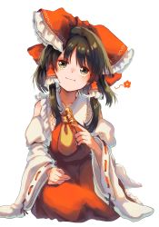 Rule 34 | 1girl, :|, ascot, black hair, bow, closed mouth, collarbone, dango, detached sleeves, dress, eating, food, frilled bow, frilled hair tubes, frills, green eyes, hair bow, hair tubes, hakurei reimu, highres, holding, holding food, long hair, looking at viewer, matsukuzu, red bow, red dress, red ribbon, ribbon, ribbon-trimmed sleeves, ribbon trim, seiza, sidelocks, simple background, sitting, solo, touhou, wagashi, wavy mouth, white background, white sleeves, yellow ascot