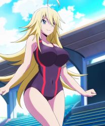 Rule 34 | 1girl, anime screenshot, blonde hair, blue eyes, breasts, cloud, competition swimsuit, keijo!!!!!!!!, kusakai mio, large breasts, one-piece swimsuit, outdoors, screencap, sky, solo, standing, swimsuit