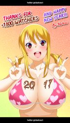 Rule 34 | 10s, 1girl, 2017, absurdres, bare shoulders, bikini, bikini top only, blonde hair, blush, breasts, brown eyes, cleavage, double v, eyebrows, eyelashes, fairy tail, female focus, heart, heart-shaped pupils, highres, huge breasts, large breasts, lips, lipstick, looking at viewer, lucy heartfilia, makeup, open mouth, smile, solo, swimsuit, symbol-shaped pupils, text focus, twintails, upper body, v