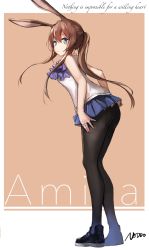 Rule 34 | 1girl, amiya (arknights), arknights, ascot, ass, bare shoulders, black footwear, black pantyhose, blouse, blue eyes, blue skirt, blush, border, brown hair, character name, closed mouth, english text, from side, full body, highres, infection monitor (arknights), jewelry, leaning forward, long hair, looking at viewer, looking to the side, miniskirt, omuretu (butterroru), orange background, outside border, pantyhose, pleated skirt, ponytail, purple ascot, rabbit girl, ring, shirt, sidelocks, signature, simple background, skirt, sleeveless, sleeveless shirt, solo, standing, white border, white shirt