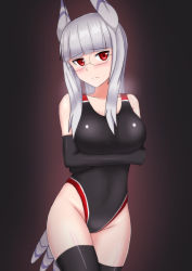 Rule 34 | 1girl, animal ears, breast hold, breasts, competition swimsuit, crossed arms, glasses, hachimitsu-b, head wings, heidimarie w. schnaufer, highleg, highleg swimsuit, large breasts, long hair, one-piece swimsuit, red eyes, strike witches, swimsuit, tail, thighhighs, white hair, wings, world witches series