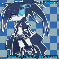 Rule 34 | 1girl, artist name, artist request, bikini, bikini top only, black rock shooter, black rock shooter (character), blue eyes, blue hair, character name, checkered background, colored skin, flaming eyes, frown, gloves, hood, hoodie, jujumaho (nanigaxila), long coat, matching hair/eyes, open clothes, panty &amp; stocking with garterbelt, parody, short shorts, shorts, solo, style parody, swimsuit, twintails, white skin