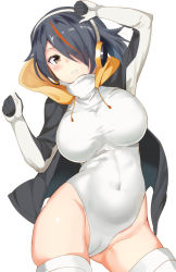 Rule 34 | 10s, 1girl, arm up, black jacket, breasts, brown eyes, cameltoe, clenched teeth, contrapposto, covered navel, cowboy shot, drawstring, emperor penguin (kemono friends), gloves, groin, hair over one eye, headphones, hood, hooded jacket, jacket, kemono friends, large breasts, legs apart, leotard, looking at viewer, maji (etonato), multicolored hair, open clothes, open jacket, parted lips, red hair, simple background, solo, standing, streaked hair, teeth, thighhighs, white background, white leotard, white thighhighs