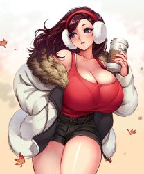 Rule 34 | 1girl, artist name, autumn, autumn leaves, bare shoulders, beryl (junkpuyo), black shorts, bra, bra strap, bra visible through clothes, breasts, brown hair, character name, cleavage, coat, coffee, coffee cup, collarbone, commentary request, cowboy shot, cup, curvy, denim, denim shorts, disposable cup, earmuffs, falling leaves, freckles, fur-trimmed coat, fur trim, gradient background, hairband, hand in pocket, hand up, highres, holding, holding cup, huge breasts, jacket, jewelry, junkpuyo, korean commentary, leaf, legs together, light smile, lips, lipstick mark, long hair, looking at viewer, looking away, looking to the side, maple leaf, nail polish, off shoulder, open clothes, open coat, open jacket, original, purple eyes, red hair, red hairband, red nails, red shirt, red tank top, ring, see-through, shirt, short shorts, shorts, skindentation, smile, solo, standing, tank top, taut clothes, thick thighs, thighs, underwear, wedding band, wedding ring, white bra, white coat, white jacket, wind, wind lift, zipper