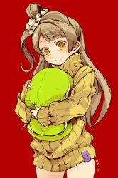 Rule 34 | 10s, 1girl, 2017, beige sweater, blush, brown hair, cowboy shot, cushion, dated, light blush, long hair, long sleeves, love live!, love live! school idol project, minami kotori, mota, no pants, hugging object, one side up, pillow, pillow hug, red background, ribbed sweater, scrunchie, smile, solo, sweater, yellow eyes