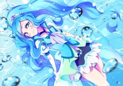 Rule 34 | 1girl, blue choker, blue eyes, blue hair, blush, choker, closed mouth, collarbone, cure fontaine, dress, floating hair, gloves, healin&#039; good precure, highres, kyoutsuugengo, layered dress, long hair, parted bangs, ponytail, precure, sawaizumi chiyu, short dress, short sleeves, smile, solo, very long hair, white gloves