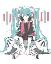 Rule 34 | 1girl, baggy clothes, belt, belt buckle, black shirt, blue eyes, blue hair, blush, buckle, commentary, dot nose, english commentary, hands on feet, hatsune miku, headphones, headphones around neck, highres, indian style, limited palette, long hair, looking at viewer, melanbread, necktie, unworn necktie, piano print, shirt, shoes, short sleeves, simple background, sitting, sketch, smile, sneakers, solo, twintails, very long hair, vocaloid, white background, white footwear