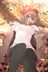 Rule 34 | 1girl, ahoge, alternate costume, aran sweater, autumn, autumn leaves, black leggings, blush, brown coat, brown eyes, brown hair, cable knit, coat, crossed bangs, from below, hair ornament, hairclip, hololive, hololive english, leggings, light rays, long hair, looking at viewer, lying, mujinbensin, multicolored hair, nanashi mumei, on back, on ground, streaked hair, sweater, very long hair, virtual youtuber, white sweater