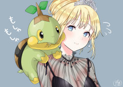 Rule 34 | 1girl, 3:, absurdres, biting, black dress, blonde hair, blue eyes, breasts, closed mouth, commentary request, creatures (company), crossover, dress, earrings, eating hair, flying sweatdrops, game freak, gen 4 pokemon, grey background, highres, hololive, hololive english, jewelry, mole, mole on breast, mutukimiyu, nintendo, on shoulder, pokemon, pokemon (creature), pokemon dppt, pokemon on shoulder, tiara, turtwig, upper body, virtual youtuber, watson amelia, watson amelia (3rd costume)