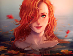 Rule 34 | 1girl, blurry, commentary, depth of field, english commentary, forehead, freckles, green eyes, lipgloss, lips, long hair, looking at viewer, nude, orange hair, original, partially submerged, pink lips, smile, solo, teeth, trung doan, water