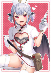 Rule 34 | 1boy, :d, akagi kurage, animal ears, bat wings, belt, belt pouch, black wings, blue hair, braid, clothing cutout, fang, garter straps, gloves, hat, heart, heart cutout, highres, light blue hair, looking at viewer, male focus, multicolored hair, nurse cap, open mouth, original, pink background, pointy ears, pouch, red eyes, red hair, short sleeves, smile, solo, streaked hair, syringe, thighhighs, trap, vial, white gloves, white thighhighs, wings