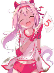 Rule 34 | 1girl, :d, ^ ^, animal ears, bow, buruma, closed eyes, collarbone, commentary request, dirty, dirty clothes, dirty face, closed eyes, facing viewer, fingerless gloves, flag, gloves, hair bow, hairband, haru urara (umamusume), highres, holding, holding flag, horse ears, horse girl, jacket, long hair, makuran, midriff peek, navel, open clothes, open jacket, open mouth, pink hair, ponytail, red buruma, smile, solo, tail, umamusume