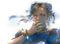 Rule 34 | 1girl, apple, blue dress, bracelet, bun cover, capcom, china dress, chinese clothes, chun-li, commentary request, double bun, dress, earrings, eating, food, frills, fruit, grey eyes, holding, holding food, holding fruit, jewelry, looking to the side, puffy sleeves, solo, spiked bracelet, spikes, street fighter, street fighter iv (series), street fighter v, upper body, yasuda akira