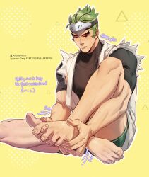 Rule 34 | 1boy, artist name, barefoot, black eyes, black shirt, colored skin, commentary, covered erect nipples, english commentary, english text, feet, foot focus, forehead protector, genji (overwatch), green hair, green shorts, headband, highres, male focus, muscular, muscular male, nail, nuggies (nug gies), overwatch, overwatch 1, pectorals, shirt, short hair, shorts, solo, thick arms, thighs, veins, white shirt, white skin, yellow background