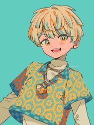 Rule 34 | 1boy, animal ears, blonde hair, blue background, blush, bright pupils, chain, hibachi mana, highres, long sleeves, looking at viewer, male focus, menma (enaic31), nijisanji, open mouth, shirt, short hair, simple background, solo, teeth, upper body, white pupils, white shirt, yellow eyes
