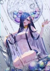 Rule 34 | 1girl, 69116911, absurdres, bangle, barefoot, blue eyes, blue hair, blue nails, bracelet, choker, crazy smile, dress, flower, gold, hair censor, hair ornament, hair over breasts, hair over one eye, highres, hydrangea, jewelry, long hair, looking at viewer, nail polish, no bra, no panties, orb, original, see-through, seiza, sitting, smile, very long hair, water, wet, wet clothes, wet dress, white dress