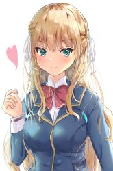 Rule 34 | 1girl, arm at side, blonde hair, blue jacket, blush, bow, braid, breasts, closed mouth, commentary request, eyelashes, french braid, green eyes, hair between eyes, hair ribbon, hand up, heart, heaven burns red, highres, jacket, large breasts, long hair, long sleeves, looking at viewer, red bow, ribbon, school uniform, shirt, sidelocks, simple background, smile, solo, tatika714, toujou tsukasa, upper body, very long hair, white background, white ribbon, white shirt