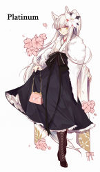 Rule 34 | 1girl, absurdres, alternate costume, animal ears, arknights, bag, black skirt, boots, brown eyes, brown footwear, character name, cross-laced footwear, feather boa, flower, full body, hair flower, hair ornament, handbag, highres, japanese clothes, kimono, lace-up boots, long hair, long skirt, looking at viewer, nizi w, petticoat, pink flower, platinum (arknights), silver hair, simple background, skirt, solo, standing, very long hair, white background, white flower, white kimono