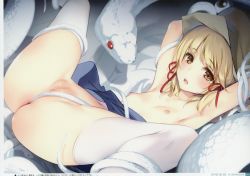 Rule 34 | 1girl, absurdres, animal, armpits, arms up, ass, bdsm, blonde hair, blush, bound, brown hat, censored, feet out of frame, flat chest, hair ribbon, hat, highres, huge filesize, indoors, ke-ta, looking at viewer, mishaguji, moriya suwako, mosaic censoring, navel, nipples, open mouth, pussy, red ribbon, restrained, ribbon, scan, short hair, snake, snake bondage, solo, spread legs, thighhighs, thighs, touhou, translation request, white snake, white thighhighs, yellow eyes