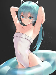 Rule 34 | 1girl, :/, animal ears, aqua eyes, aqua hair, armpits, arms up, black background, blush, cat ears, closed mouth, collarbone, commentary, covered navel, cowboy shot, drawn ears, drawn whiskers, english commentary, flat chest, frilled one-piece swimsuit, frills, hair between eyes, hatsune miku, highleg, highleg one-piece swimsuit, highres, innertube, light particles, looking at viewer, low ponytail, one-piece swimsuit, redcxca, sidelocks, solo, strapless, strapless one-piece swimsuit, swim ring, swimsuit, vocaloid, whiskers, white one-piece swimsuit