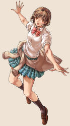 Rule 34 | 1girl, alternate costume, breasts, brown eyes, brown hair, commentary request, full body, gensou suikoden, gensou suikoden ii, looking at viewer, nanami (suikoden), open mouth, school uniform, skirt, small breasts, smile, solo