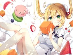 Rule 34 | 1girl, air bubble, bad id, bad pixiv id, bare legs, blush, breasts, bubble, bun cover, china dress, chinese clothes, closed mouth, commentary request, dress, floating hair, food, fruit, hair between eyes, hair bun, hair ribbon, holding, holding breath, kiwi (fruit), kiwi slice, legs up, long hair, looking at viewer, medium breasts, original, print dress, red ribbon, ribbon, short sleeves, simple background, solo, strawberry, sugar cube, sumisaki yuzuna, twintails, underwater, watermelon, white background, white dress