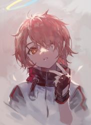 Rule 34 | 1girl, arknights, black gloves, brown eyes, chinese commentary, ciloranko, commentary request, exusiai (arknights), fingerless gloves, gloves, grey background, hair over one eye, halo, hand up, head tilt, high collar, highres, jacket, looking at viewer, parted lips, red hair, short hair, solo, upper body, white jacket