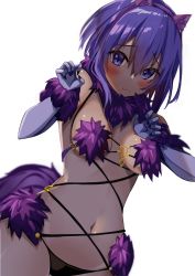 Rule 34 | 1girl, absurdres, animal ears, bare shoulders, blush, bow, breasts, cleavage, cosplay, dark-skinned female, dark skin, elbow gloves, fate/prototype, fate/prototype: fragments of blue and silver, fate (series), fur-trimmed gloves, fur collar, fur trim, gloves, hassan of serenity (fate), highres, looking at viewer, mash kyrielight, mash kyrielight (dangerous beast), mash kyrielight (dangerous beast) (cosplay), medium breasts, mizumok1, navel, o-ring, official alternate costume, purple eyes, purple hair, revealing clothes, short hair, sidelocks, solo, tail, wolf ears, wolf tail
