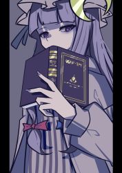 Rule 34 | 1girl, absurdres, aie, bad id, bad pixiv id, blue bow, book, bow, covered mouth, crescent, hair bow, hat, hat ribbon, highres, holding, holding book, long sleeves, looking at viewer, mob cap, open book, patchouli knowledge, purple eyes, purple hair, red bow, ribbon, solo, striped, touhou, vertical stripes