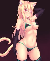Rule 34 | 1girl, :q, animal ear fluff, animal ears, arm behind head, arm up, bare shoulders, bikini, black background, black gloves, black thighhighs, blonde hair, blush, breasts, cat ears, cat tail, closed mouth, collarbone, covered erect nipples, cowboy shot, elbow gloves, gloves, gluteal fold, halterneck, hand on own thigh, highres, long hair, long sleeves, looking at viewer, medium breasts, micro bikini, navel, nottytiffy, original, red eyes, shiny skin, slippers, smile, solo, standing, stomach, string bikini, swimsuit, tail, thighhighs, tongue, tongue out, underboob