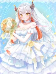 Rule 34 | 1girl, bouquet, bridal veil, brown horns, choker, commission, dress, flower, highres, horns, indie virtual youtuber, long hair, multicolored hair, oekaki3nekoneko, off-shoulder dress, off shoulder, orange hair, pointy ears, rose, skeb commission, solo, streaked hair, tatsuki ryuka, tiara, veil, virtual youtuber, wedding dress, white choker, white dress, white hair, yellow eyes, yellow flower, yellow rose