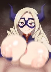 Rule 34 | 1boy, 1girl, blonde hair, bodysuit, boku no hero academia, breasts squeezed together, breasts, breasts out, censored, domino mask, fake horns, hetero, horns, huge breasts, licking lips, long hair, looking at viewer, mask, mimiga410, mosaic censoring, motion blur, motion lines, mount lady, naughty face, nipples, paizuri, penis, pink eyes, pov, smile, sweat, tongue, tongue out