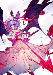 Rule 34 | 1girl, absurdres, bat wings, black wings, bow, capelet, commentary, dress, full body, hat, hat ribbon, high heels, highres, hinasumire, holding, holding weapon, looking at viewer, mob cap, neck ribbon, open mouth, pink bow, pink dress, pink hat, purple hair, red eyes, red footwear, red ribbon, remilia scarlet, ribbon, short hair, solo, spear the gungnir, touhou, waist bow, weapon, white capelet, wings