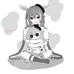 Rule 34 | 1girl, beret, braid, feathered wings, fumo (doll), greyscale, hair between eyes, hat, highres, hugging doll, hugging object, indie virtual youtuber, long hair, looking at viewer, monochrome, open mouth, pillowdear, red eyes, simple background, suezoomie, twin braids, watermark, wings