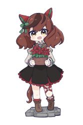Rule 34 | 1girl, :d, animal ears, black dress, blush, boots, bow, brown eyes, brown footwear, brown hair, chibi, commentary request, dress, ear bow, flower, flower box, frilled dress, frills, full body, green bow, grey shirt, hair between eyes, highres, holding, horse ears, horse girl, horse tail, juliet sleeves, long sleeves, looking at viewer, multicolored hair, nice nature (umamusume), nozo (hitomiz), open mouth, puffy sleeves, red flower, red socks, shirt, simple background, sleeveless, sleeveless dress, smile, socks, solo, standing, streaked hair, tail, twintails, umamusume, white background