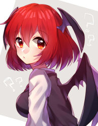 Rule 34 | 1girl, :/, ?, ??, bat wings, black vest, blush, breasts, closed mouth, from side, grey background, head wings, koakuma, long sleeves, looking at viewer, medium breasts, necktie, red eyes, red hair, red necktie, renka (sutegoma25), shirt, short hair, simple background, solo, touhou, upper body, vest, white shirt, wings