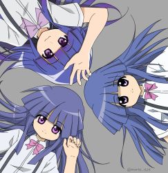 Rule 34 | 3girls, :3, arm up, bad id, bad pixiv id, blue hair, blunt bangs, bow, bowtie, circle formation, closed mouth, collared shirt, commentary, furude rika, grey background, hand up, higurashi no naku koro ni, long hair, lying, morte ai, multiple girls, multiple persona, official style, on back, purple bow, purple eyes, purple hair, purple neckwear, school uniform, shirt, short sleeves, simple background, smile, suspenders, twitter username, upper body, white shirt