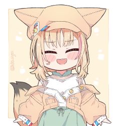 Rule 34 | :d, ^ ^, blonde hair, blush stickers, chibi, closed eyes, commentary, english commentary, fox girl, fox tail, green skirt, hat, high-waist skirt, hololive, kukie-nyan, multicolored hair, off shoulder, omaru polka, omaru polka (street casual), open mouth, pink hair, shirt, short hair, skirt, smile, streaked hair, tail, twitter username, upper body, virtual youtuber, white shirt