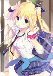 Rule 34 | 1girl, arm up, bag, black necktie, blonde hair, blue bow, blue eyes, blue nails, blue skirt, blush, bow, bracelet, breasts, cleavage, clothes around waist, collared shirt, cowboy shot, cross, cross necklace, day, earplugs, fingernails, food, hair between eyes, hair bow, hand up, highres, jacket, jacket around waist, jewelry, long hair, long sleeves, looking at viewer, medium breasts, mouth hold, nail polish, necklace, necktie, original, outdoors, pleated skirt, pocky, school bag, school uniform, scrunchie, shiratama (shiratamaco), shirt, shoes, shoulder bag, skirt, sleeves rolled up, solo, standing, two side up, uwabaki, white shirt, wing collar, wrist scrunchie, wristband