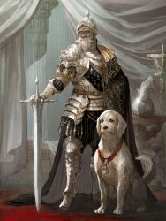 Rule 34 | 1boy, armor, beard, belt, breastplate, candle, cloak, collar, commentary, cross, curtains, dog, eyebrows, facial hair, full body, gauntlets, greaves, hand on own hip, helmet, indoors, knight, looking to the side, male focus, manly, medal, mustache, old, old man, original, pauldrons, pillar, red carpet, sash, shoulder armor, pauldrons, sword, table, tahra, weapon, white hair, wrinkled skin