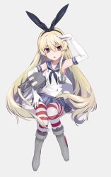 Rule 34 | 10s, 1girl, :o, anchor, anchor hair ornament, arm up, asaoka (0x0), blonde hair, cannon, crop top, elbow gloves, full body, gloves, grey eyes, hair ornament, hairband, kantai collection, long hair, looking at viewer, microskirt, miniskirt, rensouhou-chan, sailor collar, salute, school uniform, serafuku, shimakaze (kancolle), sitting, skirt, striped clothes, striped thighhighs, thighhighs, turret, white gloves