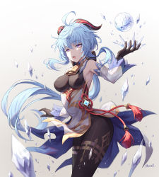 Rule 34 | absurdres, ahoge, bell, black pantyhose, blue hair, bodysuit, breasts, chinese clothes, cowboy shot, cryokinesis, floating hair, ganyu (genshin impact), genshin impact, goat horns, highres, horns, ice, ice shard, light blue hair, long hair, medium breasts, mool yueguang, neck bell, open mouth, pantyhose, pelvic curtain, purple eyes, solo, tassel, very long hair