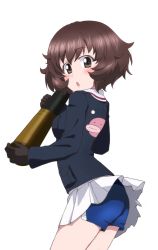 Rule 34 | 1girl, :o, akiyama yukari, anglerfish, blue jacket, brown eyes, brown hair, clothes lift, commentary, cowboy shot, emblem, fish, from side, girls und panzer, gloves, gym shorts, highres, holding, jacket, kayabakoro, long sleeves, looking at viewer, looking back, messy hair, military, military uniform, miniskirt, ooarai military uniform, open mouth, pleated skirt, short hair, short shorts, shorts, shorts under skirt, skirt, skirt lift, solo, standing, tank shell, uniform, white skirt, wind, wind lift